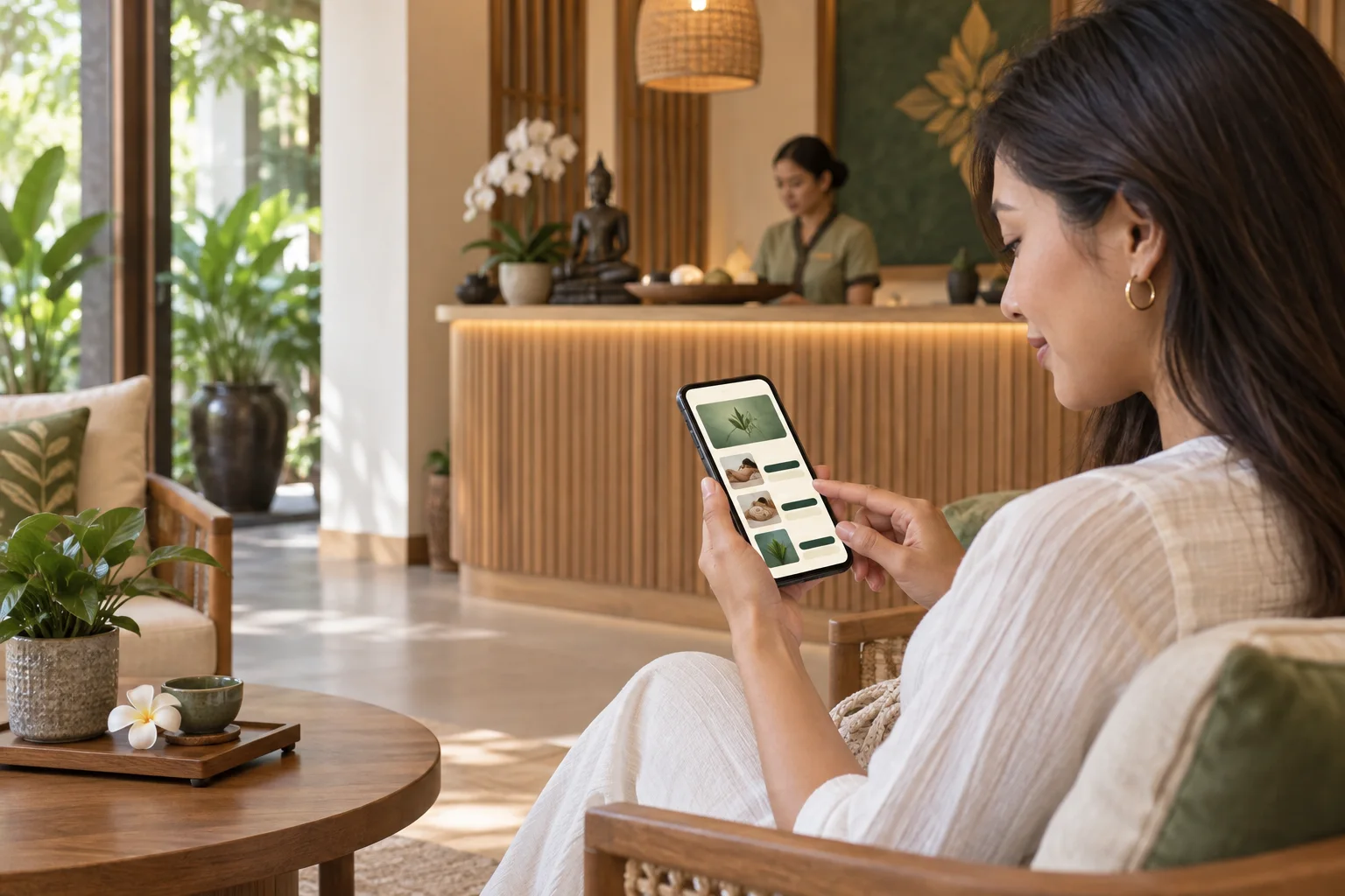 A guest browsing massage services on a phone in a spa